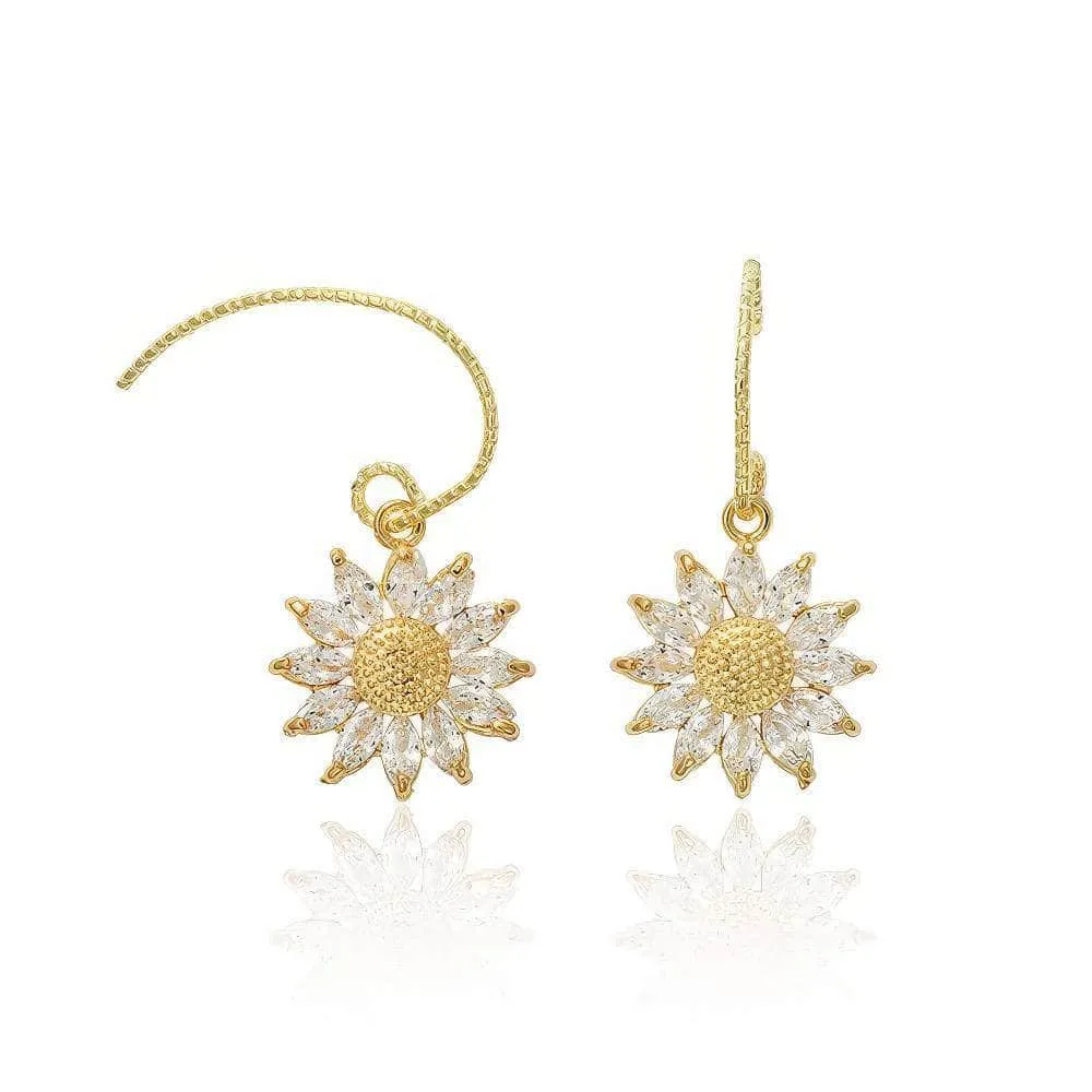 14k Gold Paved Crystal Honeycomb Floral Dangle Earrings