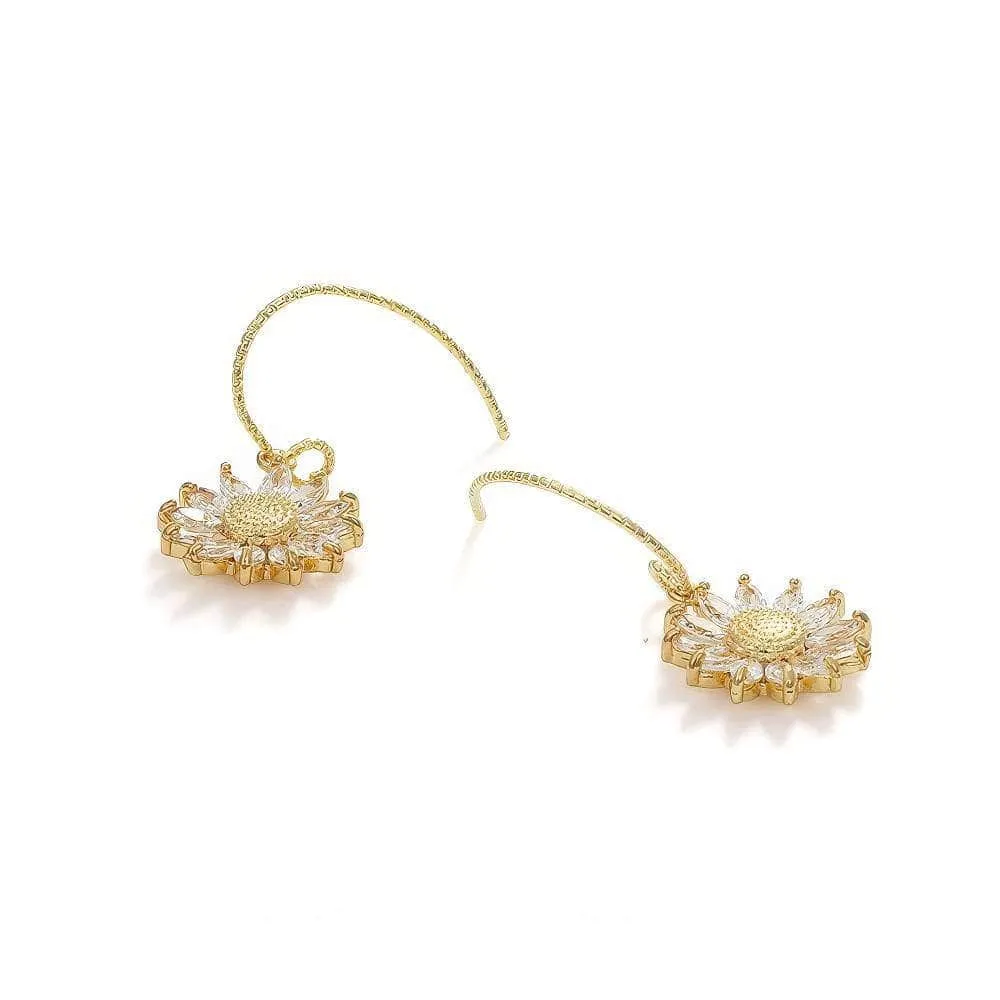 14k Gold Paved Crystal Honeycomb Floral Dangle Earrings