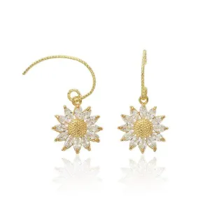 14k Gold Paved Crystal Honeycomb Floral Dangle Earrings