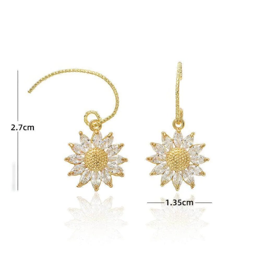 14k Gold Paved Crystal Honeycomb Floral Dangle Earrings