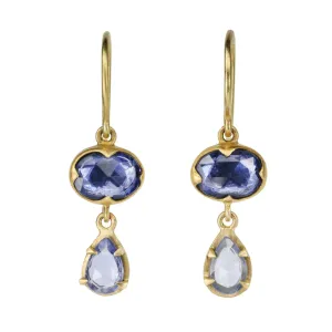 18K Gold Double Drop Earrings with Blue Sapphires
