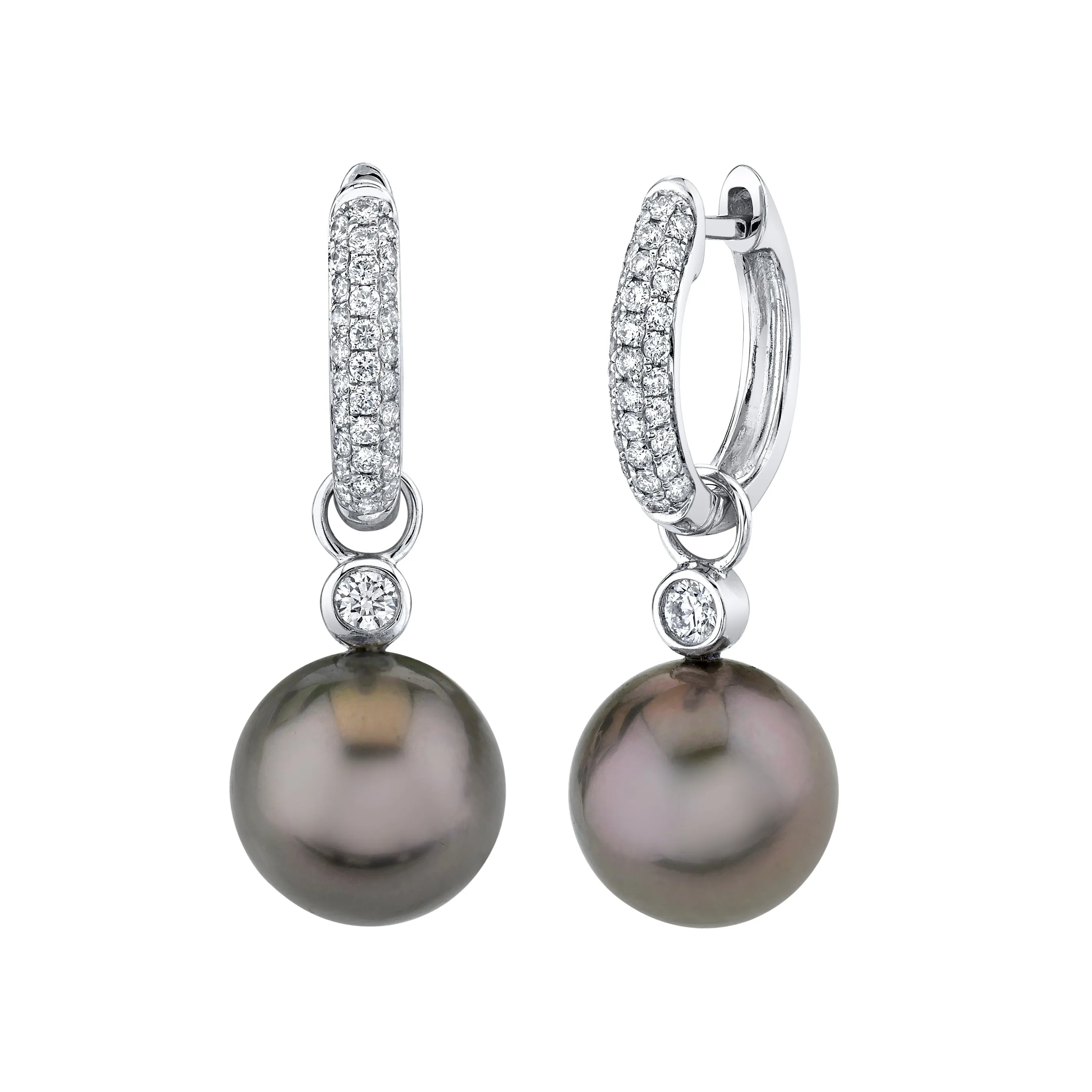 18K White Gold Tahitian Pearl And Diamond Huggie Drop Earrings (.45ctw)