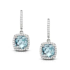18KT WHITE GOLD CUSHION SHAPED AQUAMARINE DROP EARRINGS