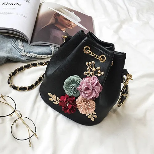 2018 New Fashion Trend Women Handbag PU Leather Bucket Shoulder Bag Chain Flowers Crossbody Bag Female Chic Hand Bags