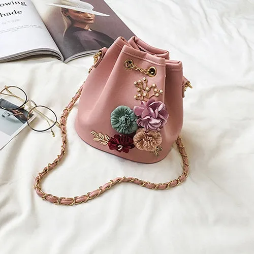 2018 New Fashion Trend Women Handbag PU Leather Bucket Shoulder Bag Chain Flowers Crossbody Bag Female Chic Hand Bags