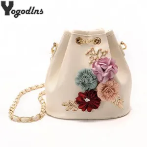 2018 New Fashion Trend Women Handbag PU Leather Bucket Shoulder Bag Chain Flowers Crossbody Bag Female Chic Hand Bags