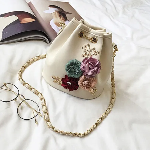 2018 New Fashion Trend Women Handbag PU Leather Bucket Shoulder Bag Chain Flowers Crossbody Bag Female Chic Hand Bags