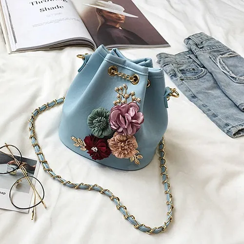 2018 New Fashion Trend Women Handbag PU Leather Bucket Shoulder Bag Chain Flowers Crossbody Bag Female Chic Hand Bags