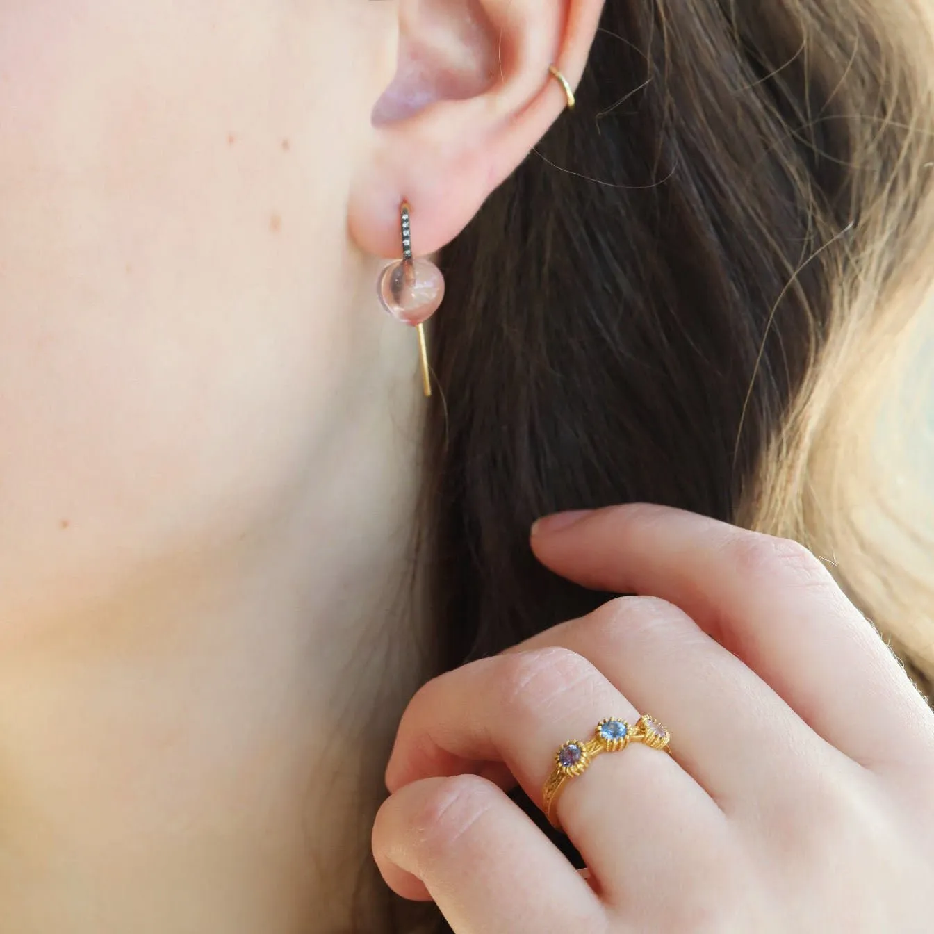 22K Gold & Rose Quartz "Forest Dew Drop" Earrings