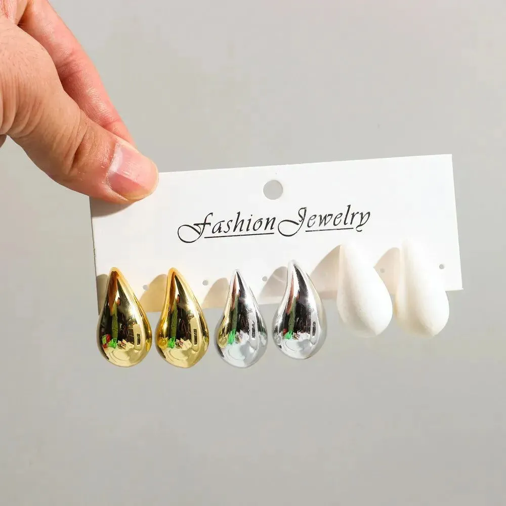 3 Pair/Set Chunky Gold Plated Waterdrop Hoop Earrings for Women Smooth Multicolour Acrylic Tear Drop Earring Lightweight Jewelry