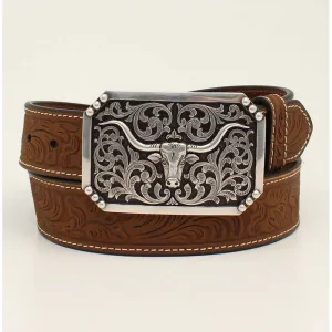 3D Mens Belt Floral Embossed Longhorn Buckle Brown