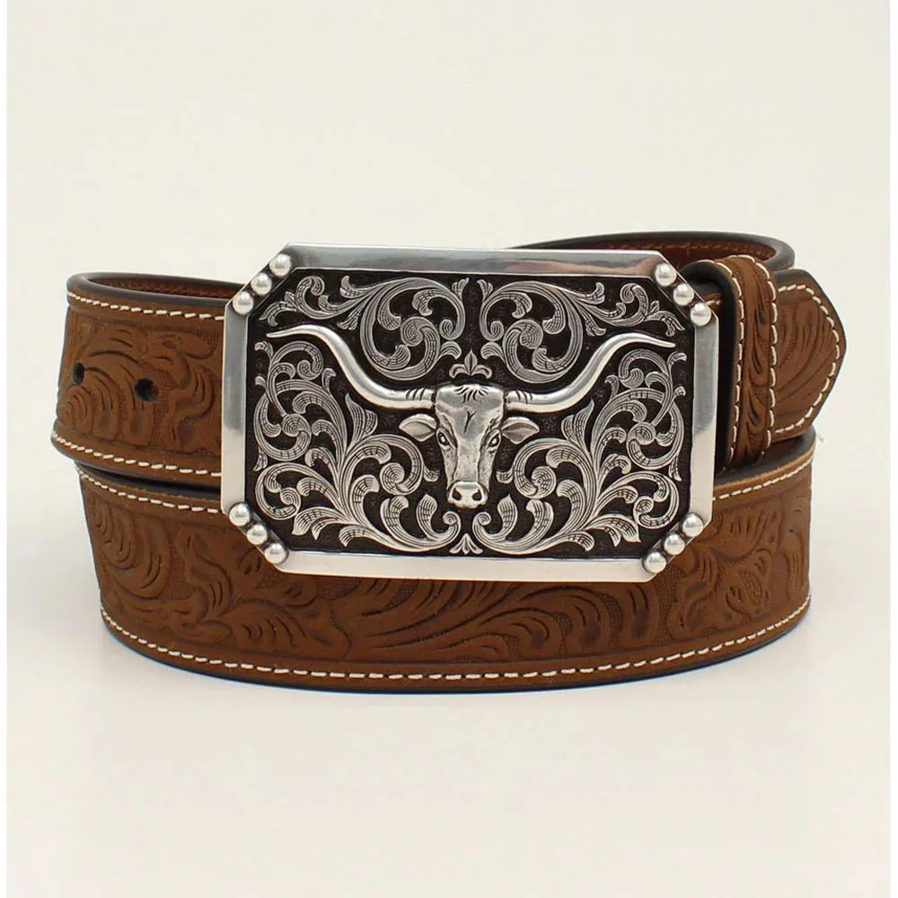 3D Mens Belt Floral Embossed Longhorn Buckle Brown