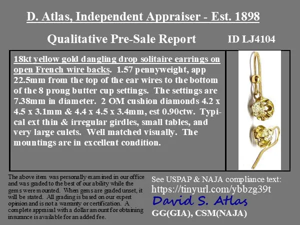 .90ctw Antique Old Mine Cut Diamond Drop Earrings
