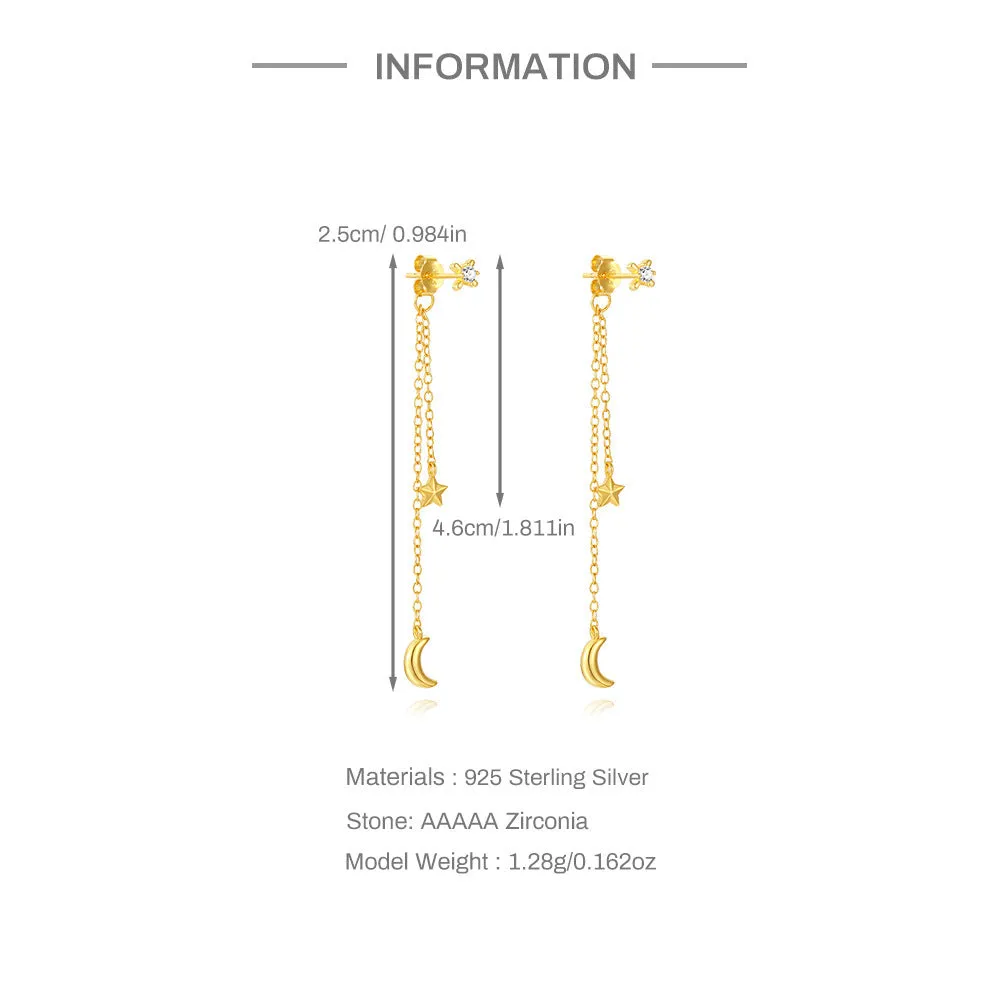 925 Silver Polished Moon Star Tassel Drop Earrings