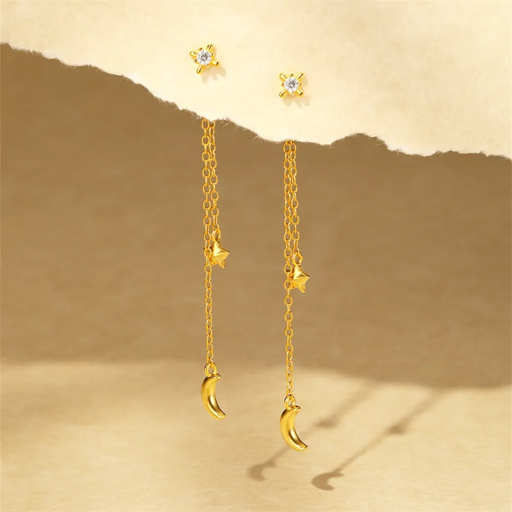 925 Silver Polished Moon Star Tassel Drop Earrings