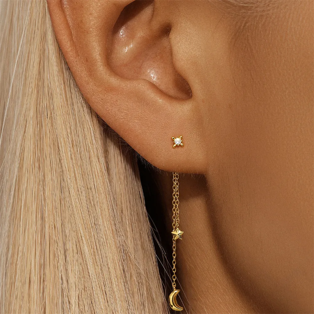 925 Silver Polished Moon Star Tassel Drop Earrings