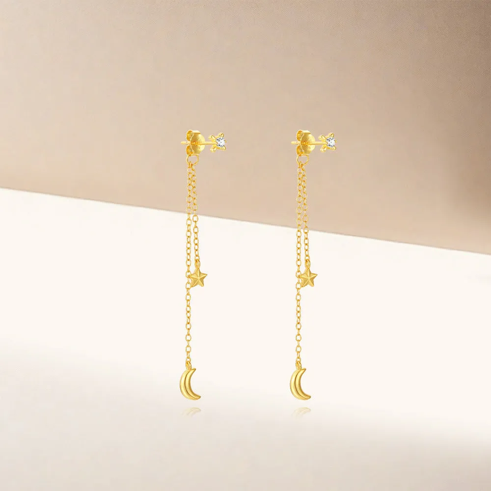 925 Silver Polished Moon Star Tassel Drop Earrings