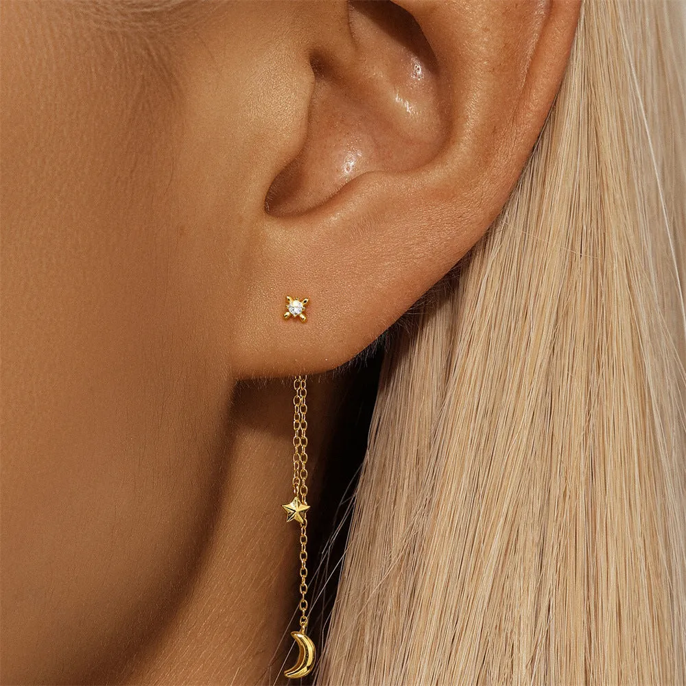 925 Silver Polished Moon Star Tassel Drop Earrings