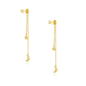 925 Silver Polished Moon Star Tassel Drop Earrings