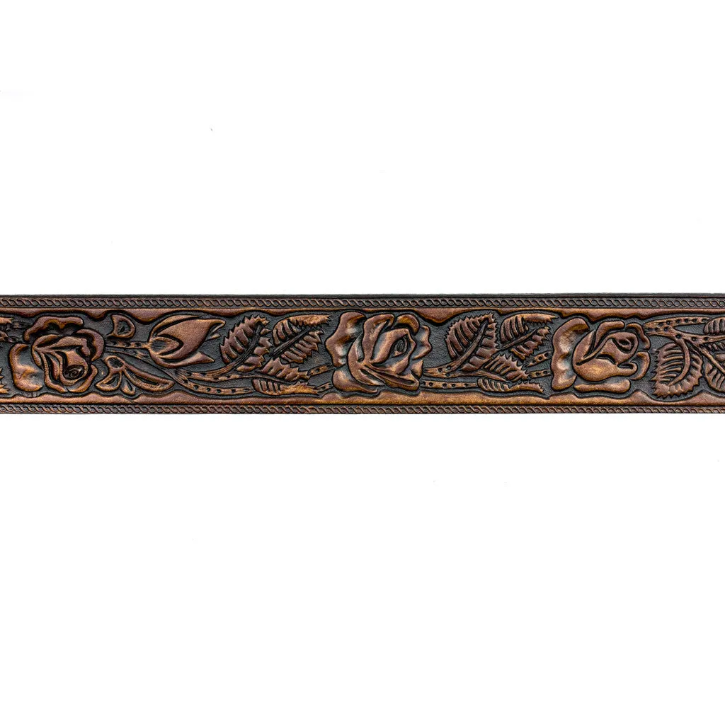 A12  1 1/2" Antique Finish Belt- Tooled Floral Design