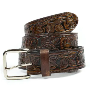 A12  1 1/2" Antique Finish Belt- Tooled Floral Design