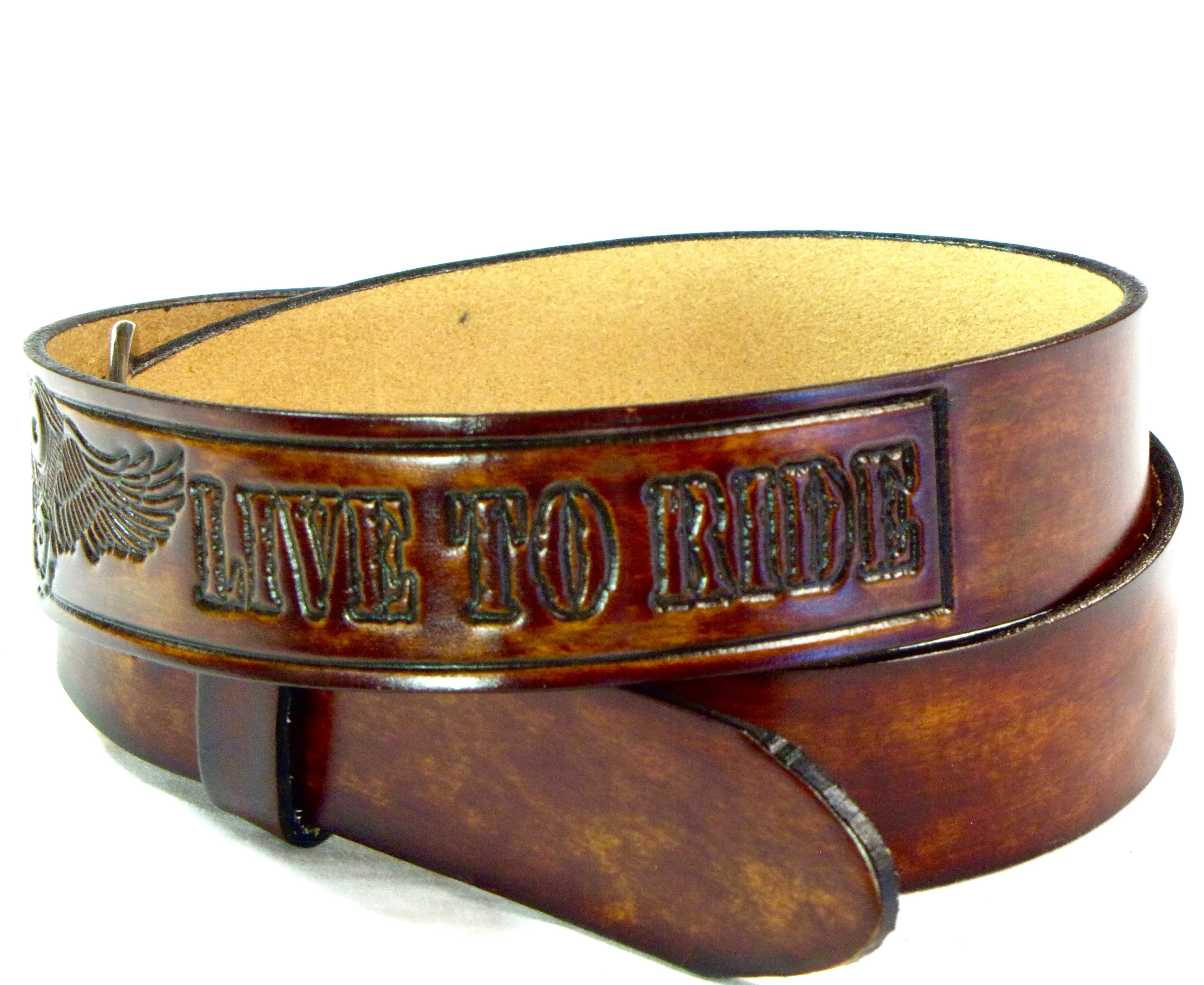 A259  1 1/2" Antique Finish Belt- Ride To Live/Wing
