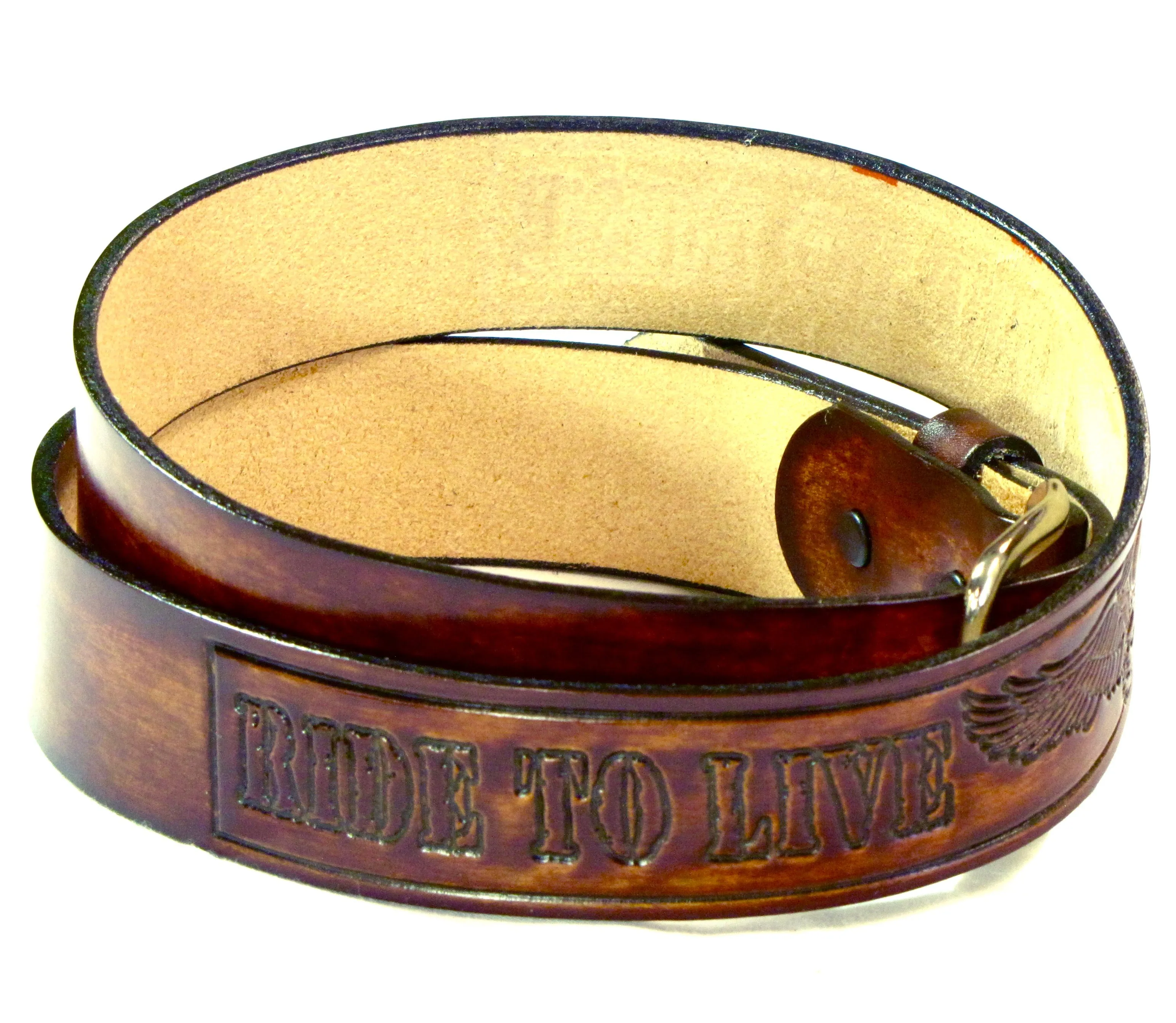 A259  1 1/2" Antique Finish Belt- Ride To Live/Wing