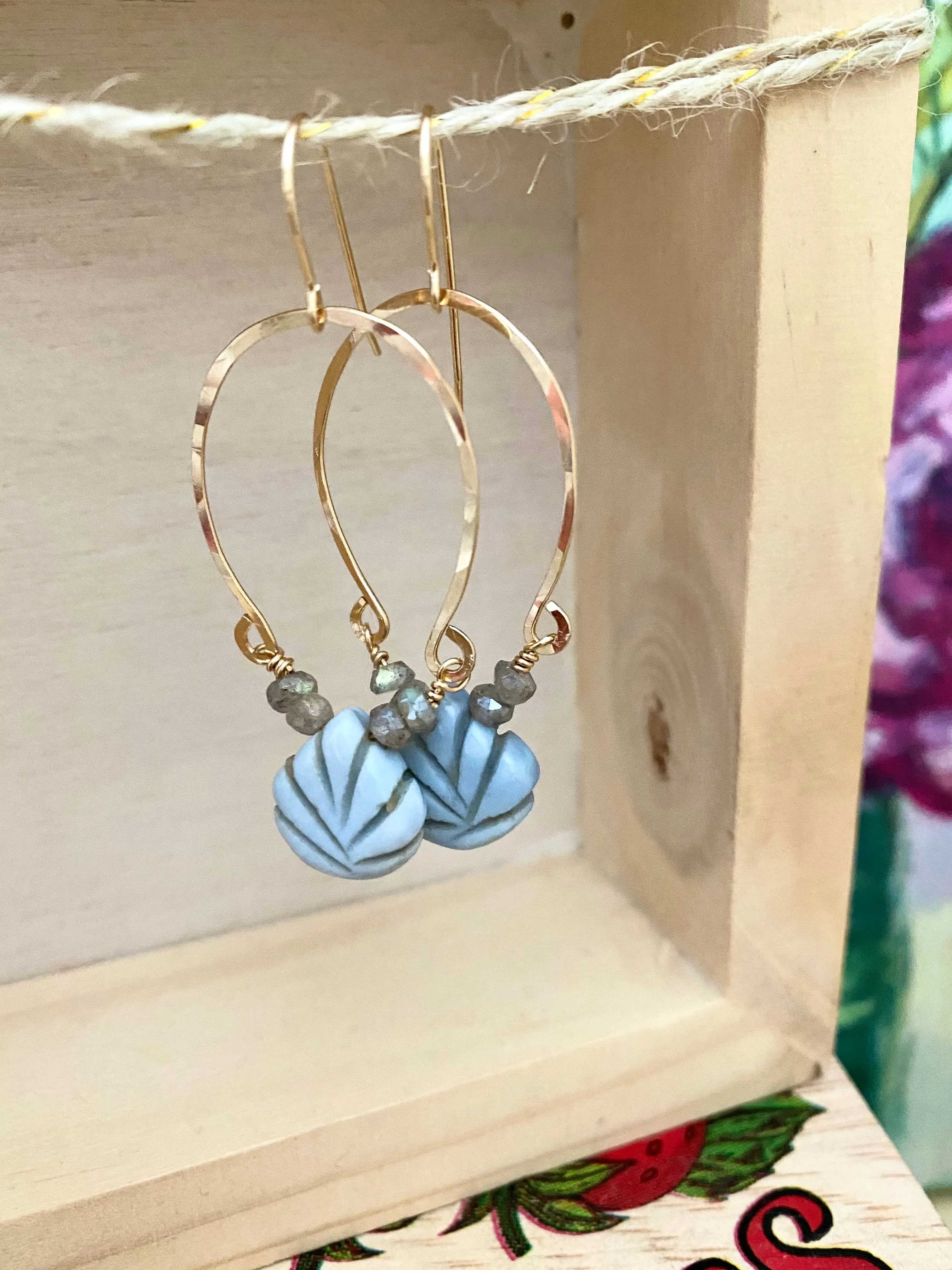 Alia Earrings - Boulder Opal and Labradorite Inverted Hoop earrings - Gold fill