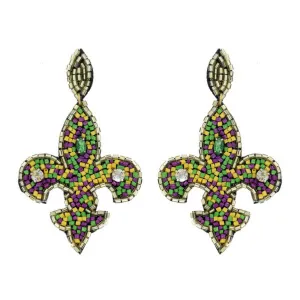 “All Hail Rex” Fleur de Lis Mardi Gras Seed Bead Post Earrings Purple Green & Gold