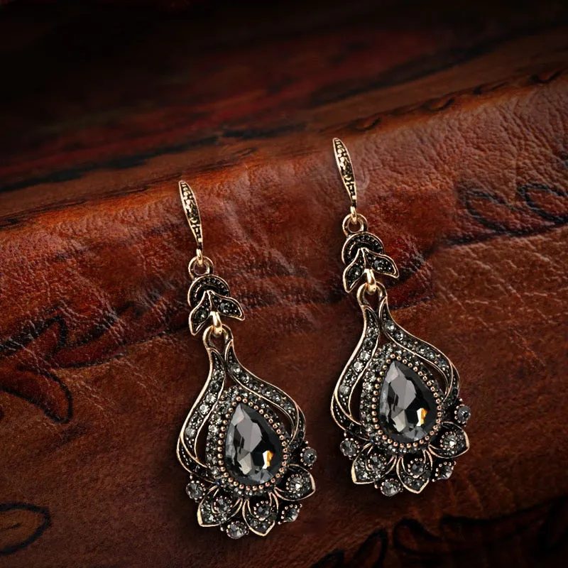 Antique Gold Drop Earrings Necklace Women Bridal Jewelry