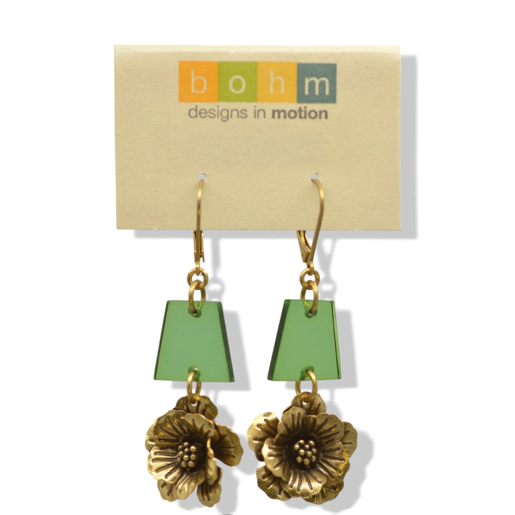 Antique Gold Flower Green Drop Earrings #195TL3101 (2C2)