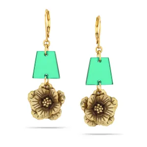 Antique Gold Flower Green Drop Earrings #195TL3101 (2C2)