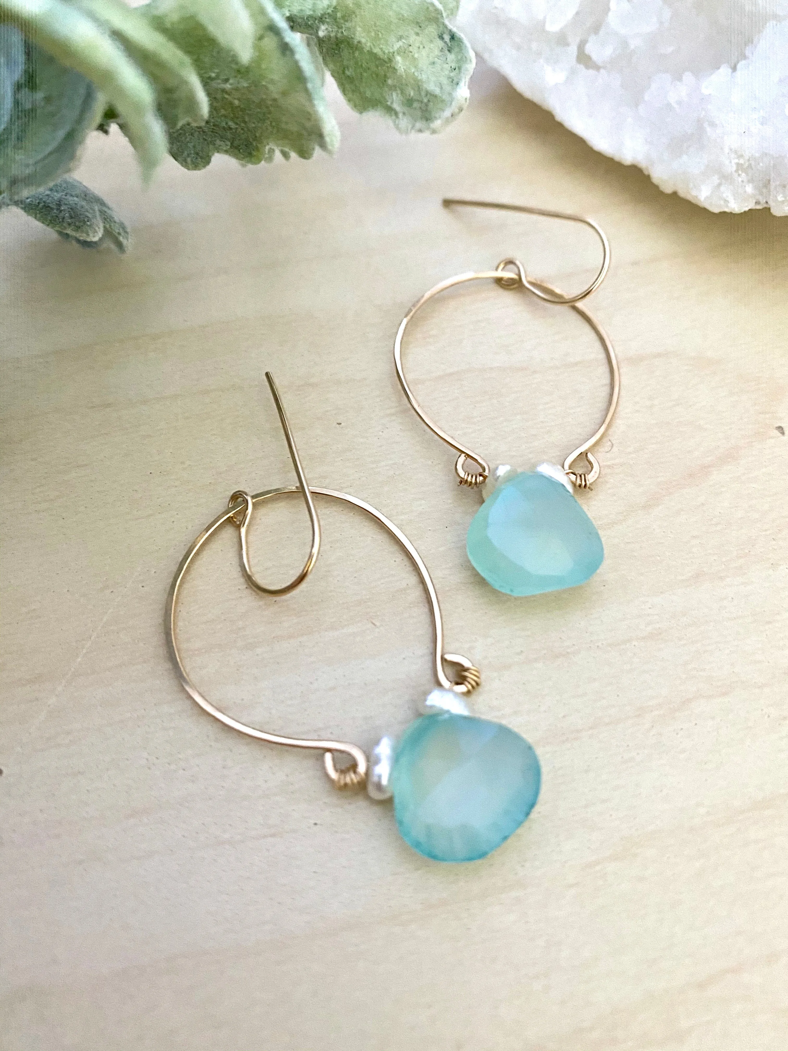 Aqua Blue Chalcedony and Pearl Inverted Hoop earrings - Gold fill