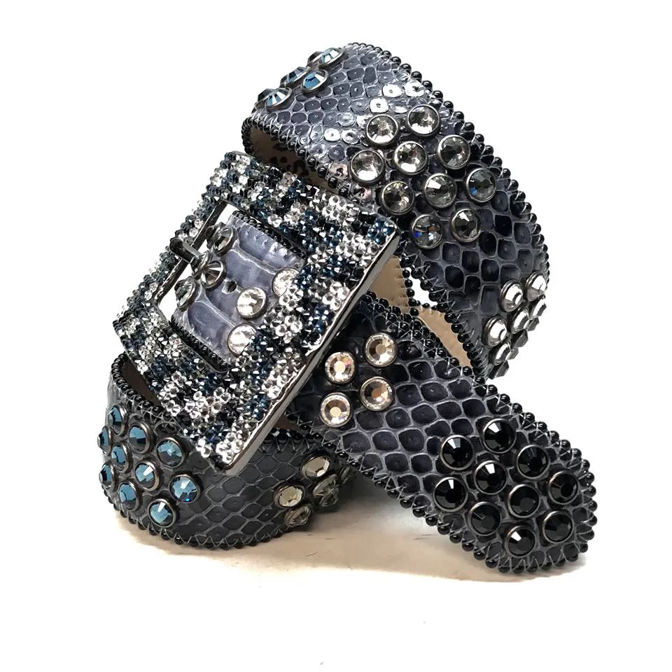 b.b. Simon Multi Blue Fully Loaded Big Block Leather Crystal Belt