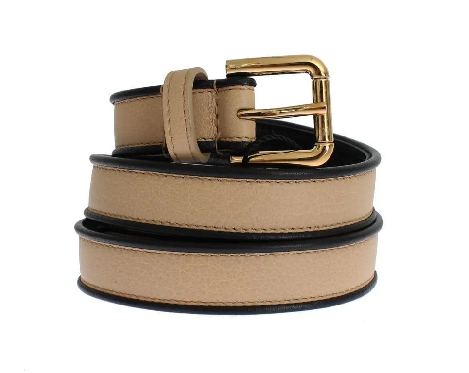 Beige Leather Gold Buckle Logo Waist Belt