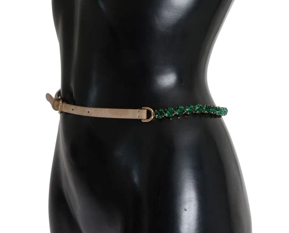 Beige Leather Green Crystal Belt