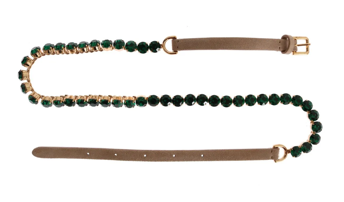 Beige Leather Green Crystal Belt