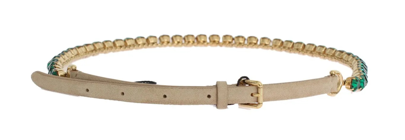 Beige Leather Green Crystal Belt