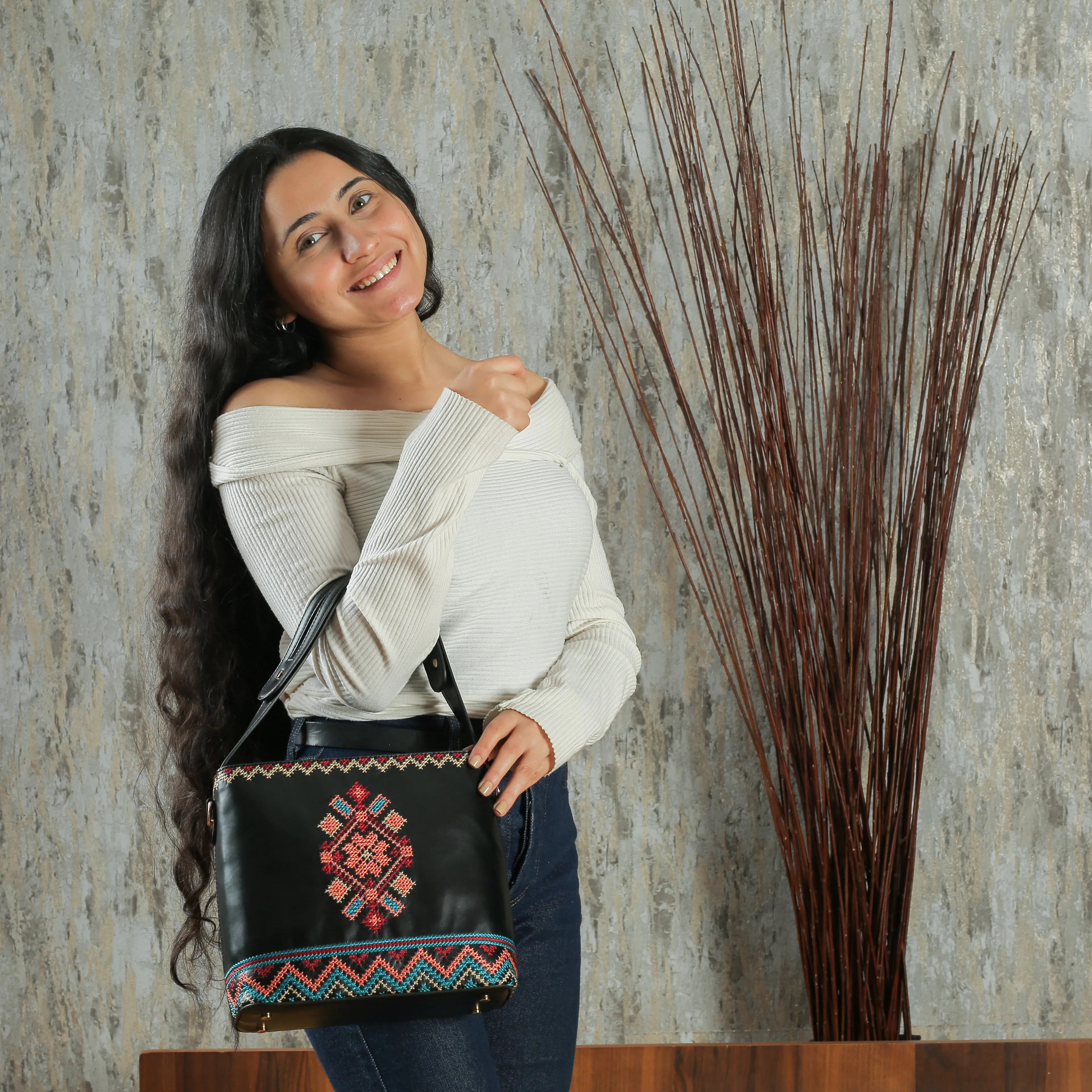 Black Embroidered Tote Leather Bag
