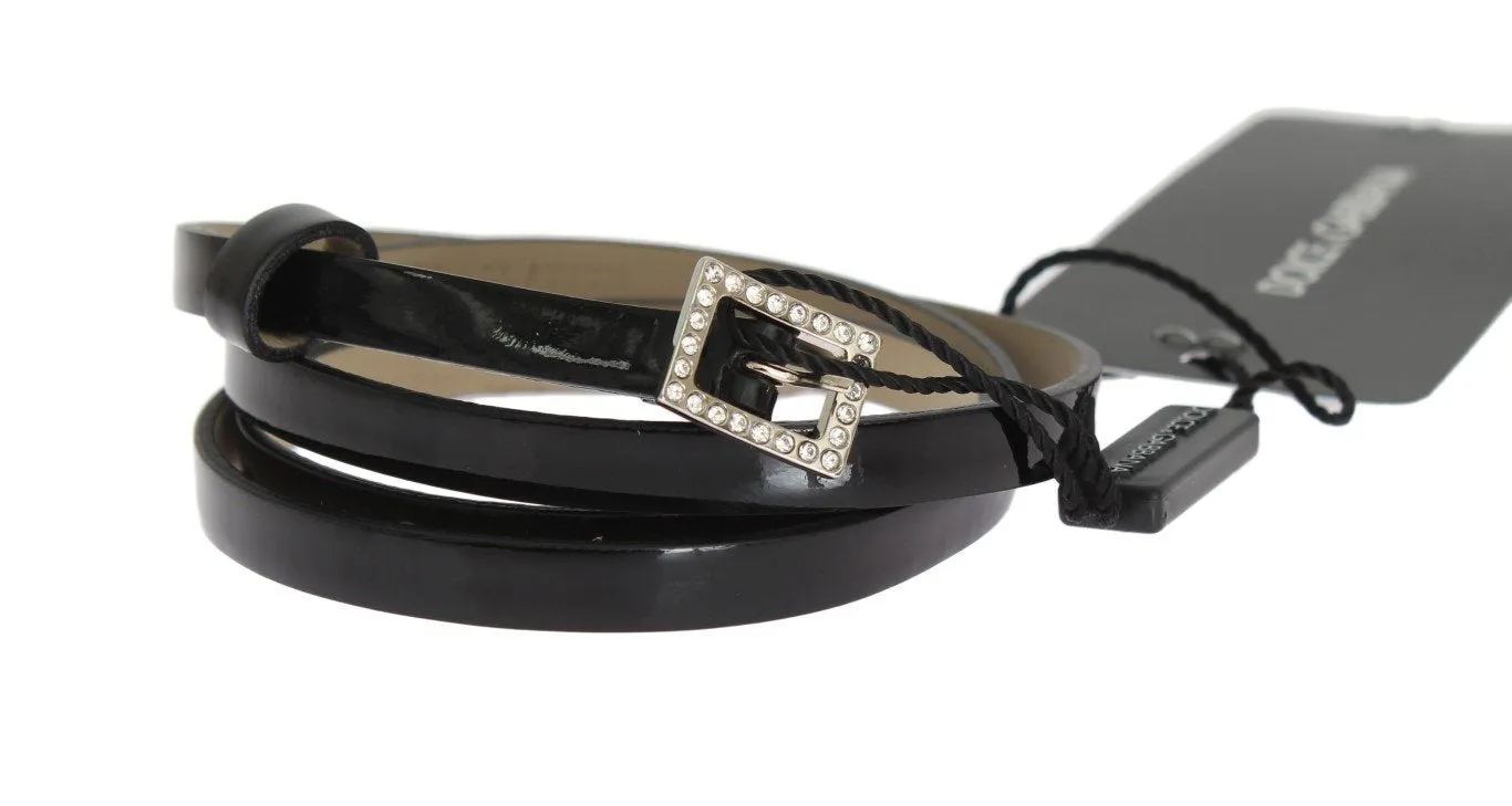 Black Leather Crystal Silver Buckle Belt