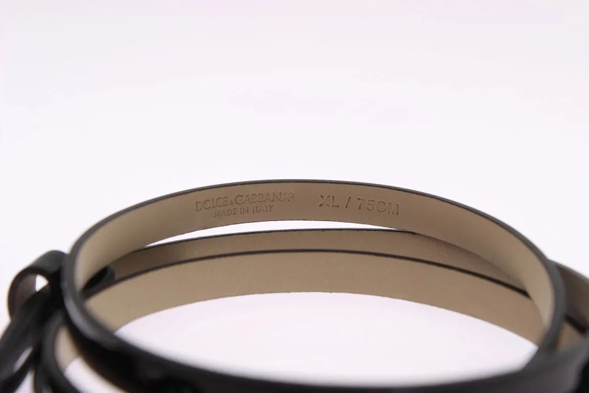 Black Leather Crystal Silver Buckle Belt