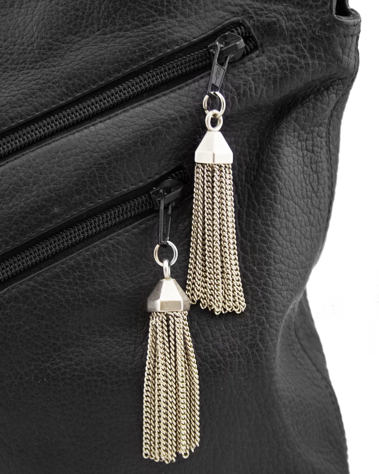 Black Leather Tote Bag with Zipper Details