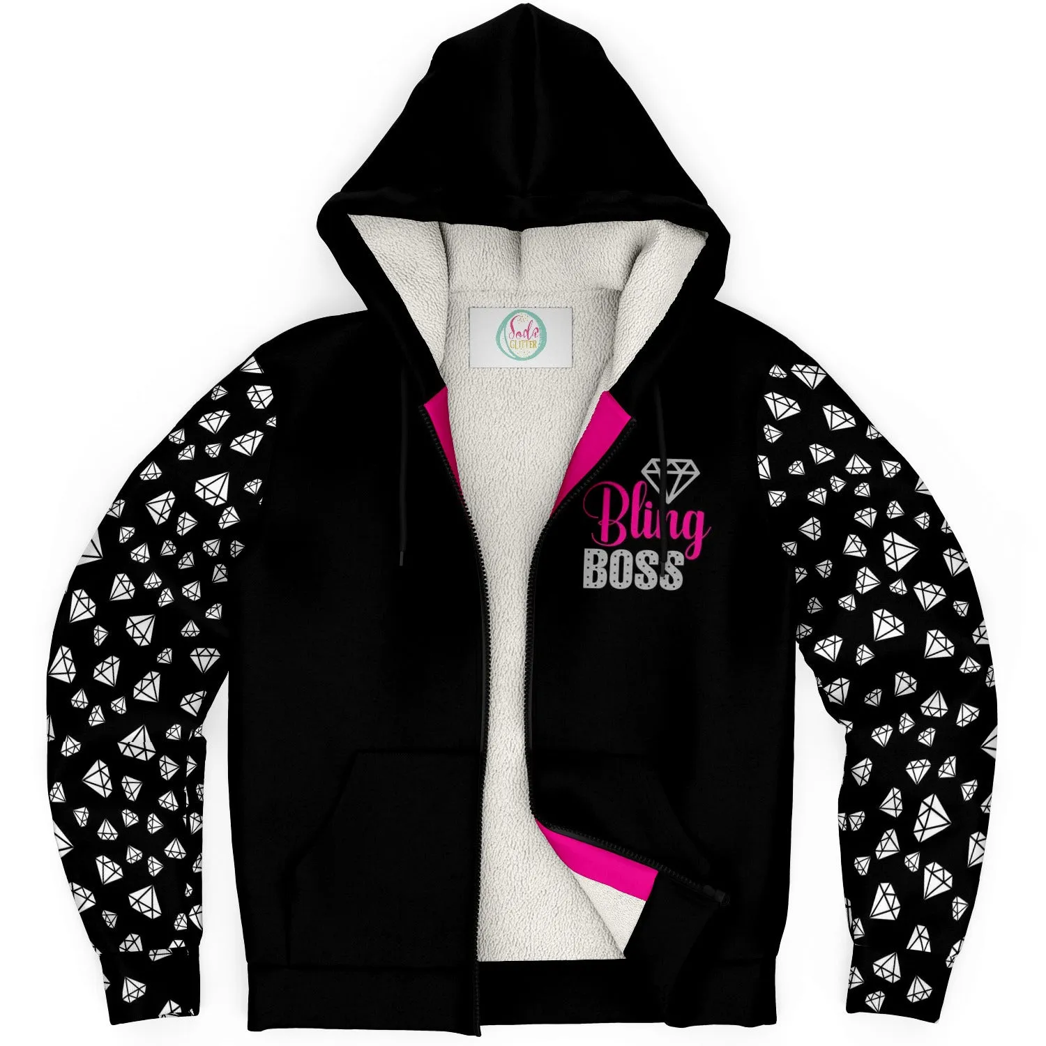 Bling Boss, Black With White Diamond Sleeves Micro-fleece Lined Hoodie
