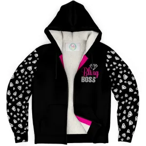 Bling Boss, Black With White Diamond Sleeves Micro-fleece Lined Hoodie