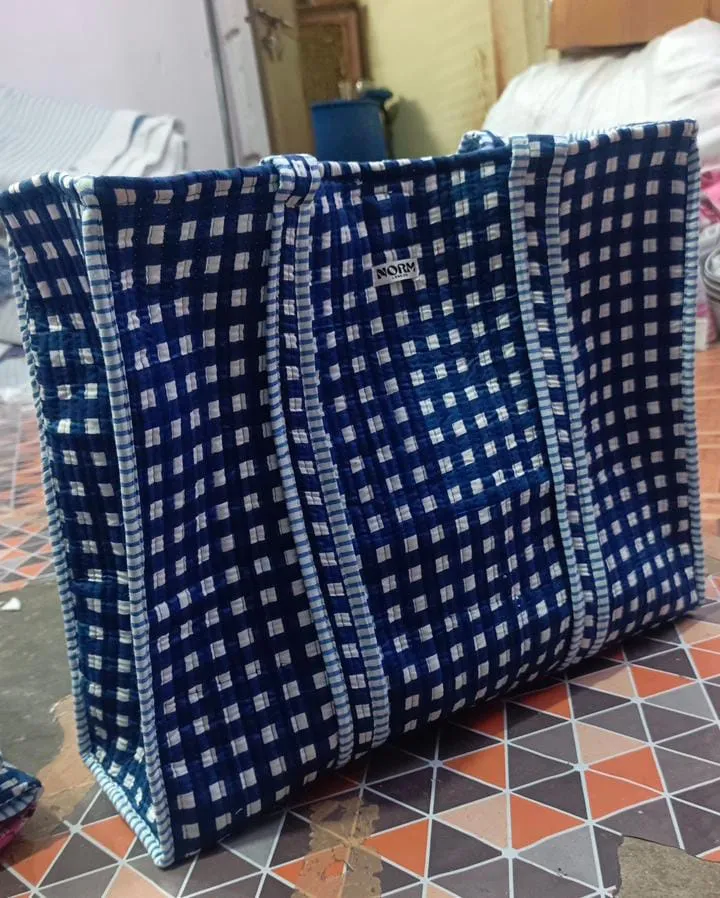 Blue checkered tote bag