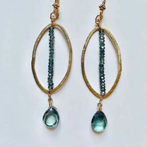 Blue-Green Topaz Gemstone 18k Brushed Gold Vermeil Dangle Earrings 3”