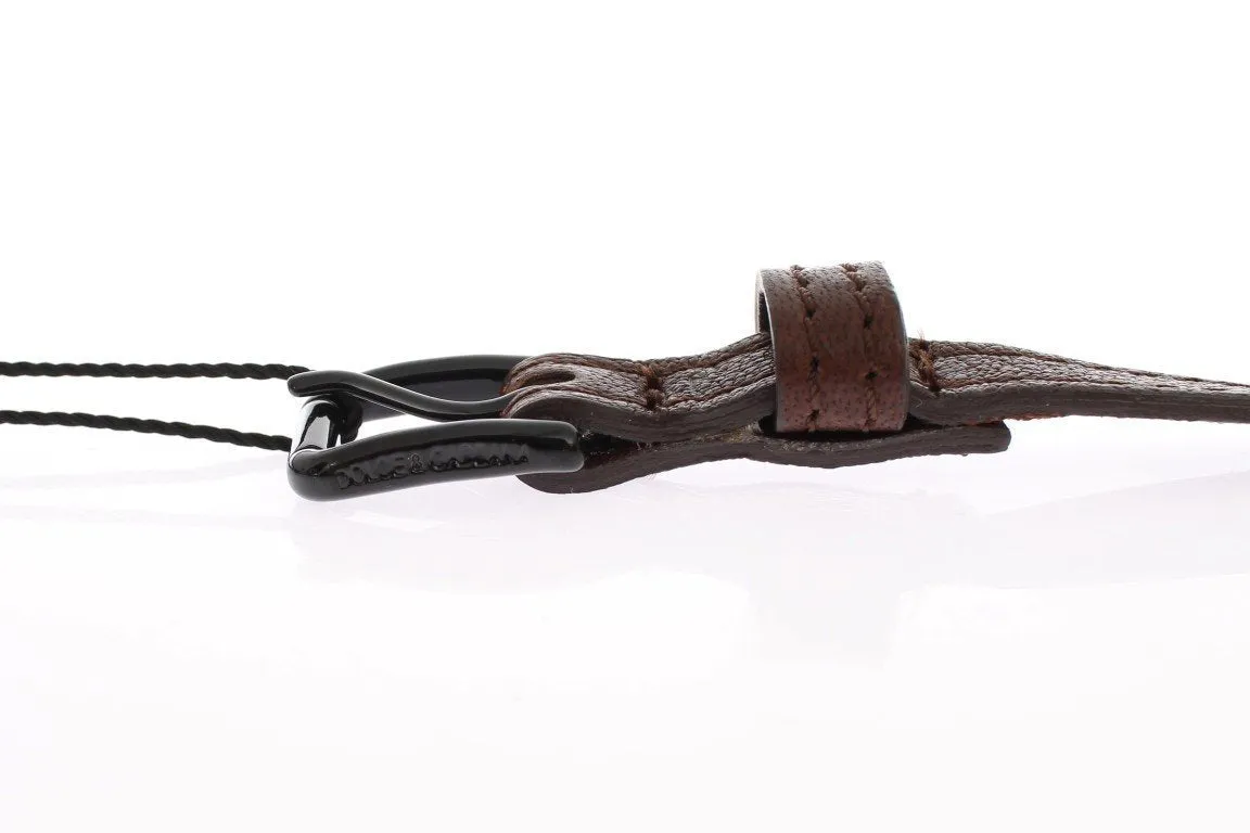 Brown Leather Black Buckle Logo Belt