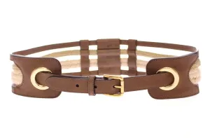 Brown Leather Logo Straw Belt