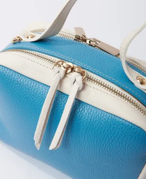 Camera leather bag bi-colour aqua and white