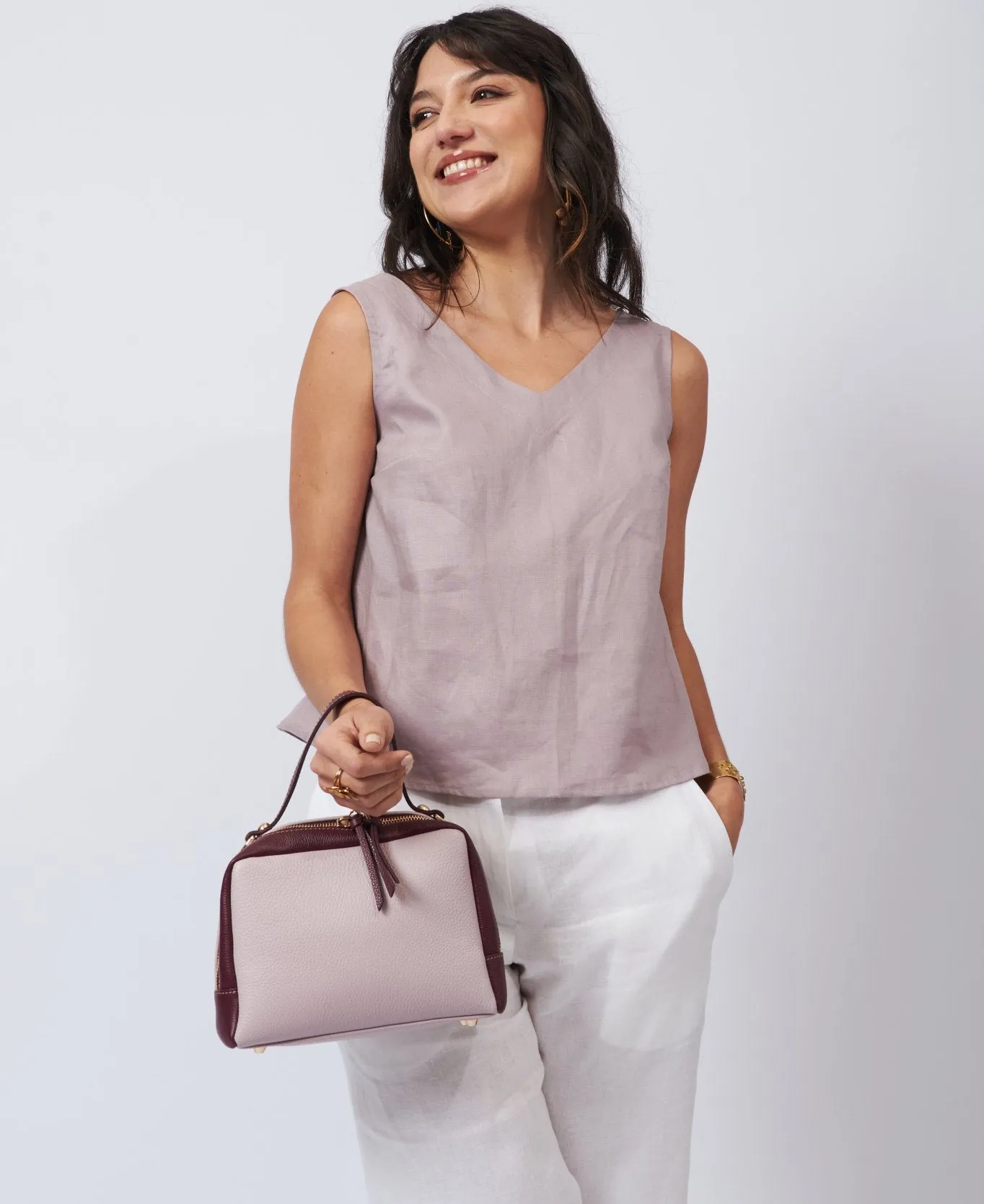 Camera leather bag bi-colour lilac and wine
